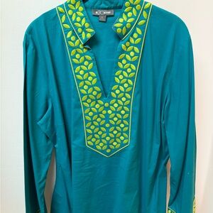 Teal and Yellow Go Silk Embroidered Women’s Shirt